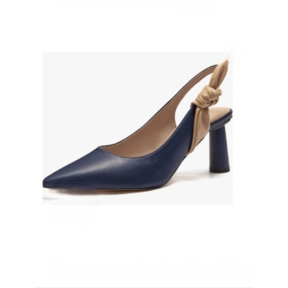 Rilista Navy Blue and Tan Slingback Closed Pointed Toe Heels With Bowknot